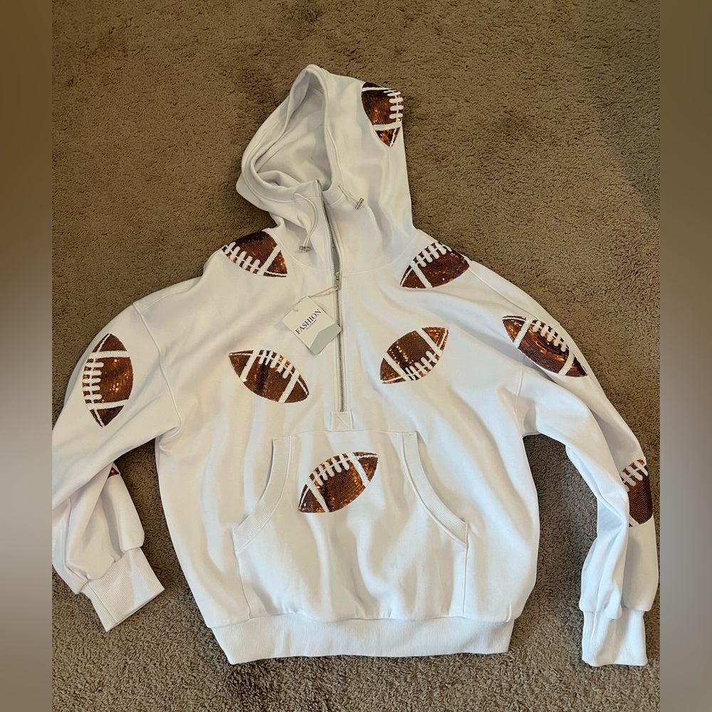 Brand New w/Tags. White Hoodie with Sequin Football Print
